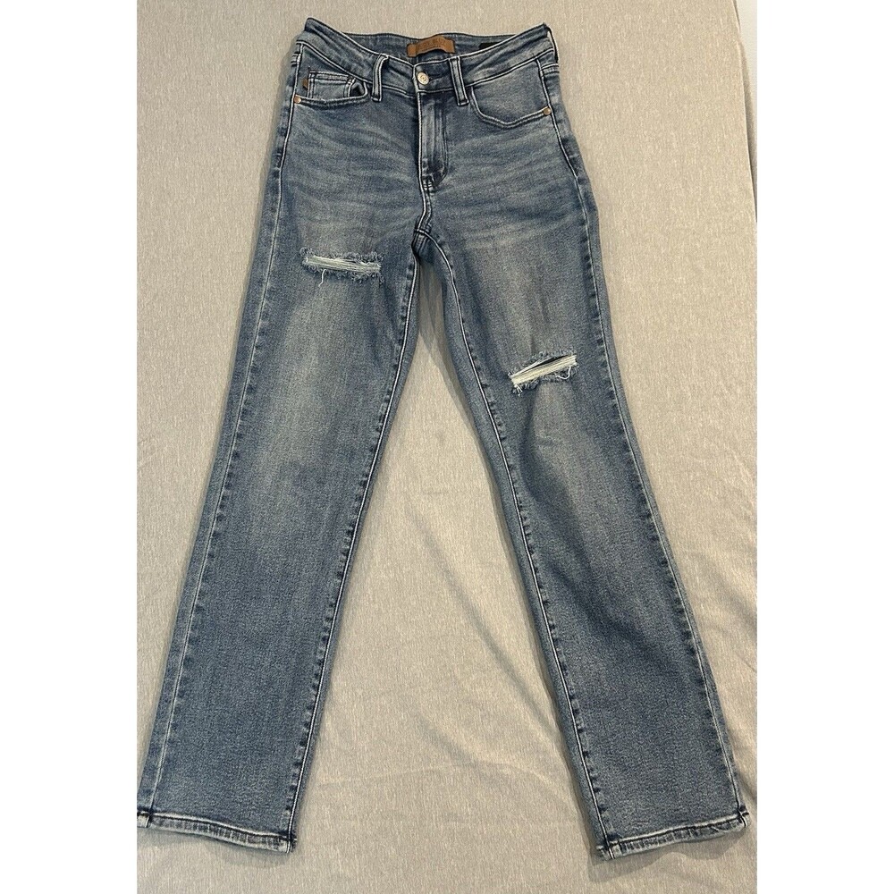 JUDY BLUE Dad Jean Women 1/25 Blue High Rise Distressed Straight Leg JB88859